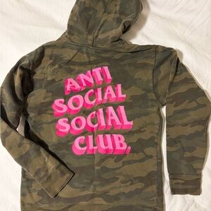 Anti Social Social Club Kids Camo Hoodie with Bright Pink Text